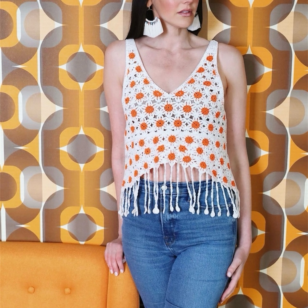 En Creme Crochet Fringe Tank Top - Cream and Orange Floral